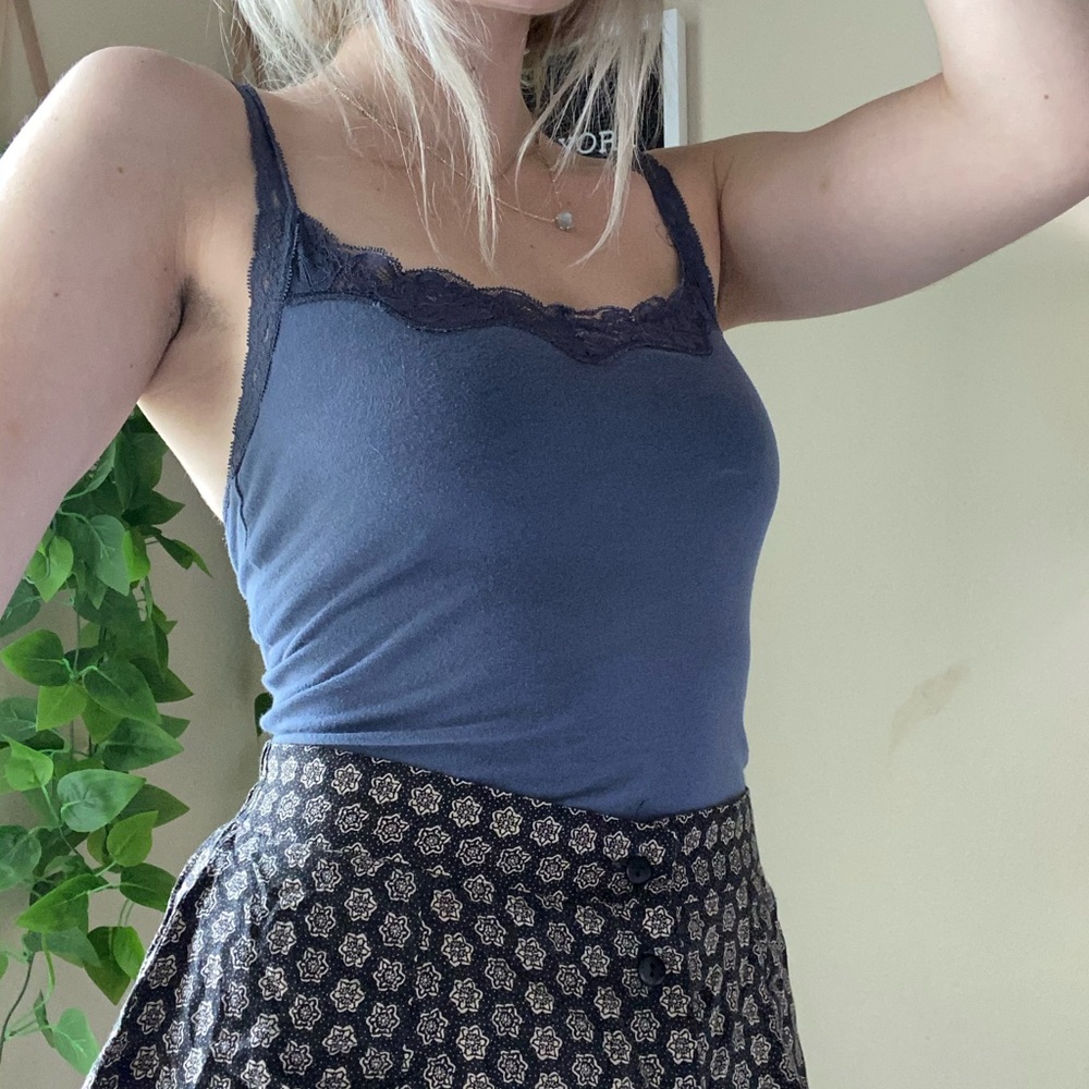 Blue lace trim tank top size small